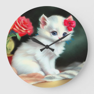 Vintage White Kitten Illustration mit roten Blume Große Wanduhr
