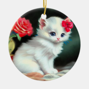 Vintage White Kitten Illustration mit roten Blume Keramik Ornament