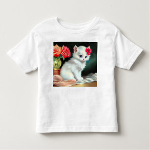 Vintage White Kitten Illustration mit roten Blume Kleinkind T-shirt