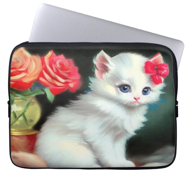 Vintage White Kitten Illustration mit roten Blume Laptopschutzhülle (Vorderseite)