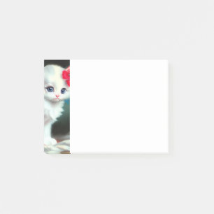Vintage White Kitten Illustration mit roten Blume Post-it Klebezettel