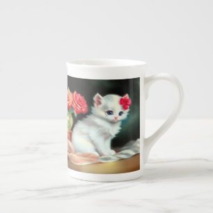 Vintage White Kitten Illustration mit roten Blume Prozellantasse