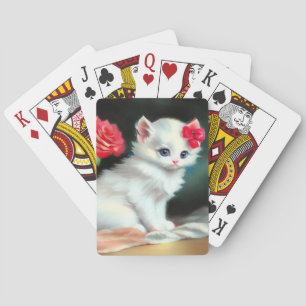 Vintage White Kitten Illustration mit roten Blume Spielkarten