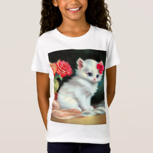 Vintage White Kitten Illustration mit roten Blume T-Shirt
