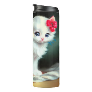 Vintage White Kitten Illustration mit roten Blume Thermosbecher