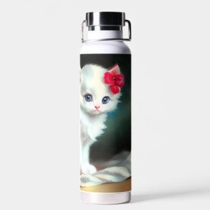 Vintage White Kitten Illustration mit roten Blume Trinkflasche