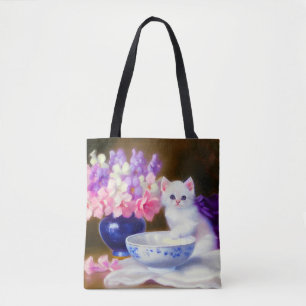 Vintage White Kitten mit Lila Band