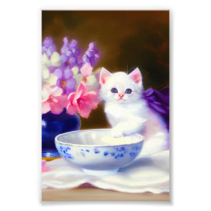 Vintage White Kitten mit Lila Band Fotodruck