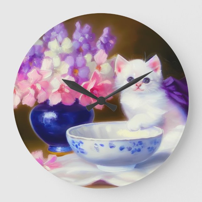 Vintage White Kitten mit Lila Band Große Wanduhr (Vorderseite)