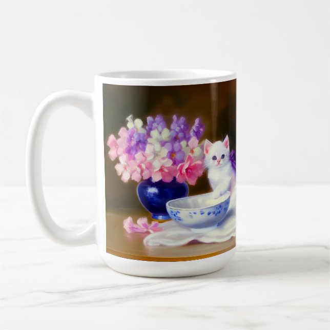 Vintage White Kitten mit Lila Band Kaffeetasse (Links)