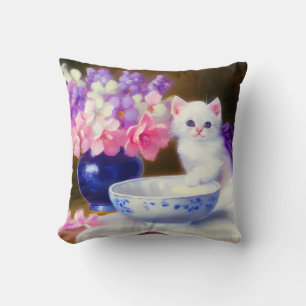 Vintage White Kitten mit Lila Band Kissen