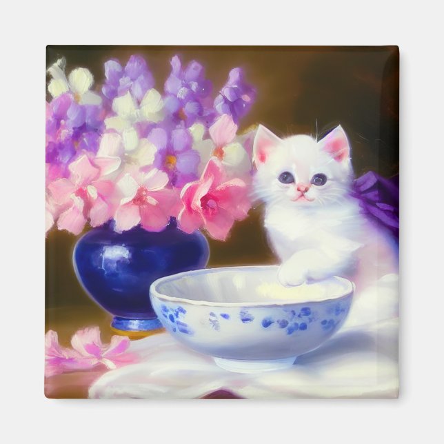 Vintage White Kitten mit Lila Band Magnet (Vorne)