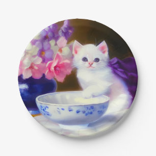 Vintage White Kitten mit Lila Band Pappteller