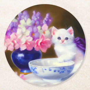 Vintage White Kitten mit Lila Band Runder Pappuntersetzer