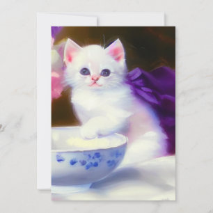 Vintage White Kitten mit Lila Band Save The Date