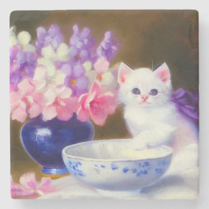 Vintage White Kitten mit Lila Band Steinuntersetzer
