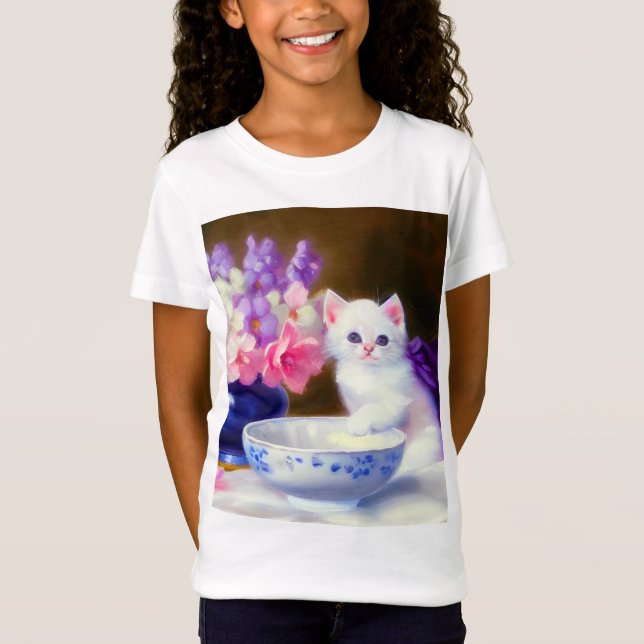 Vintage White Kitten mit Lila Band T-Shirt (Vorderseite)