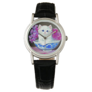 Vintage White Kitten mit rosa Blume Armbanduhr