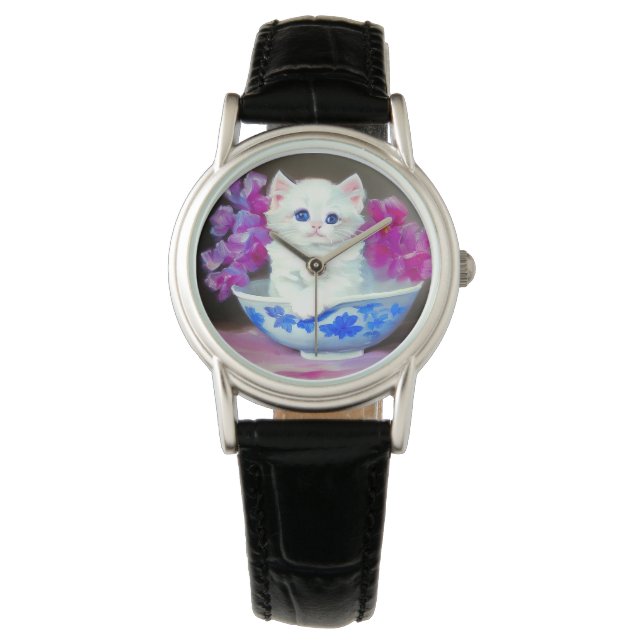 Vintage White Kitten mit rosa Blume Armbanduhr (Vorderseite)
