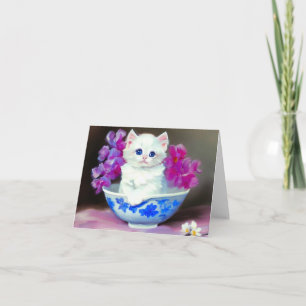 Vintage White Kitten mit rosa Blume Einladung