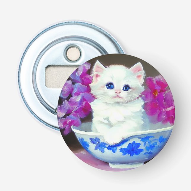 Vintage White Kitten mit rosa Blume Flaschenöffner (Vorderseite)