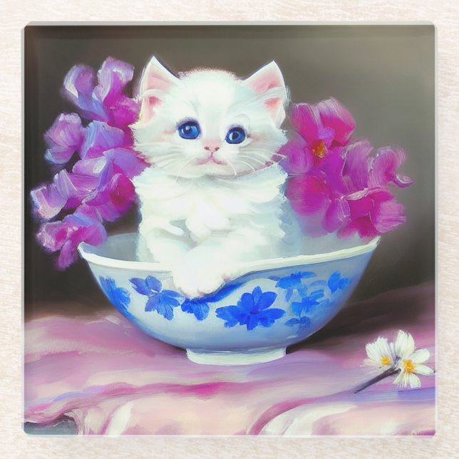 Vintage White Kitten mit rosa Blume Glasuntersetzer (Vorderseite)