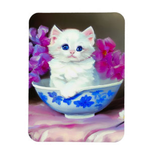 Vintage White Kitten mit rosa Blume Magnet