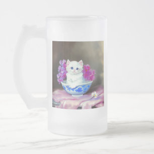 Vintage White Kitten mit rosa Blume Mattglas Bierglas