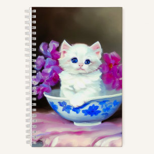 Vintage White Kitten mit rosa Blume Notizbuch