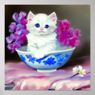 Vintage White Kitten mit rosa Blume Poster