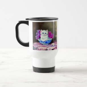 Vintage White Kitten mit rosa Blume Reisebecher