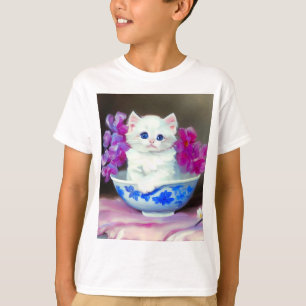 Vintage White Kitten mit rosa Blume T-Shirt