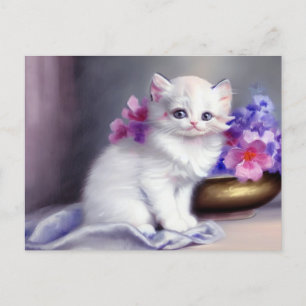 Vintage White Kitten with Pink and Purple Flowers Postkarte