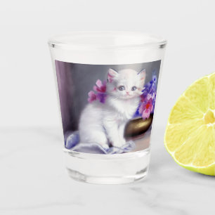 Vintage White Kitten with Pink and Purple Flowers Schnapsglas