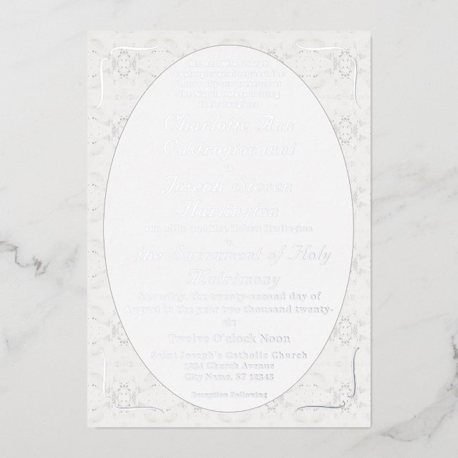 Vintage White Lace Katholic Wedding Folieneinladung (Vorderseite)