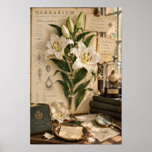 Vintage White Lily Herbarium-Stil-Wandkunst Poster