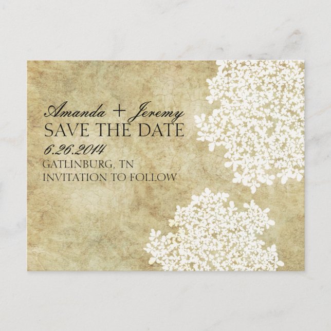 Vintage White Queen Anne's Lace Save the Date Ankündigungspostkarte (Vorderseite)
