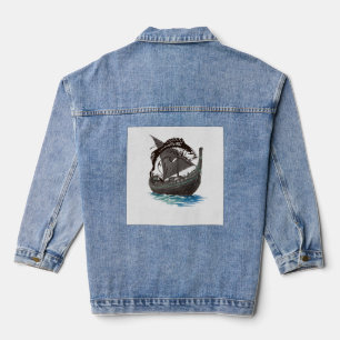 Vintage-Wikingerschiff & Lachs-Silhouette Nord Jeansjacke