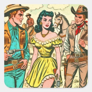 Vintage Wild West Country Comics Quadratischer Aufkleber