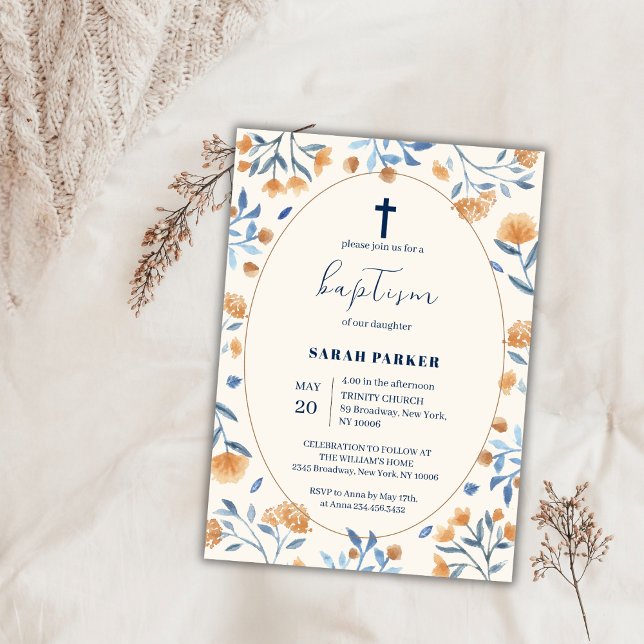 Vintage Wildblume Boho Frame Cross Taufe Einladung (Vintage Wildflower Boho Frame Cross Baptism Invitation)