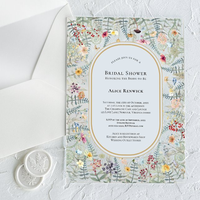 Vintage Wildblume Fern Dusty Blue Brautparty Acryleinladungen (Von Creator hochgeladen)