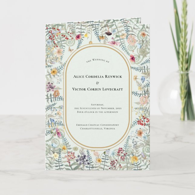 Vintage Wildblume Fern Minze Grüne Hochzeit geklap Programm (Vorderseite)