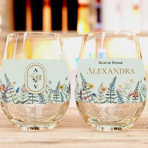 Vintage Wildblume Fern Minze Grünes Brautparty Weinglas Ohne Stiel