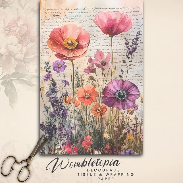Vintage Wildblume Garden auf Old Script Decoupage Seidenpapier (Von Creator hochgeladen)