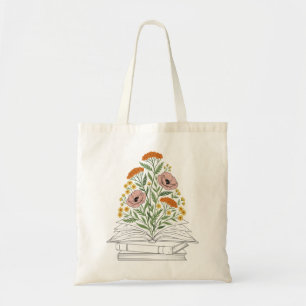 Vintage-Wildblumen-Buchstapel-Linienkunst-Design Tragetasche