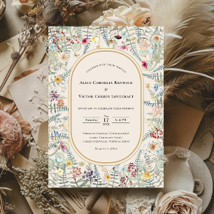 Vintage-Wildblumen-Farn-Beige-Hochzeit Einladung