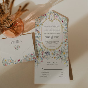 Vintage-Wildblumen-Farn-Beige-Hochzeitsmonogramm All In One Einladung