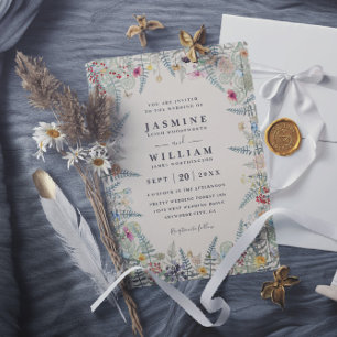 Vintage-Wildblumen-Farn-Beige-QR-Code-Hochzeit Einladung