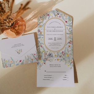 Vintage Wildblumen-Farn-Lavendel-Hochzeit All In One Einladung