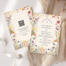 Vintage-Wildblumen-Hochzeitseinladung mit QR-Code